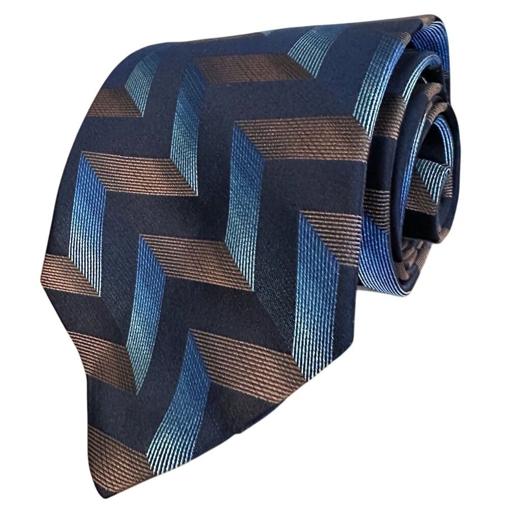 Bugatti Men's‎ Silk Tie Blue Brown Chevron Geometric Pattern USA